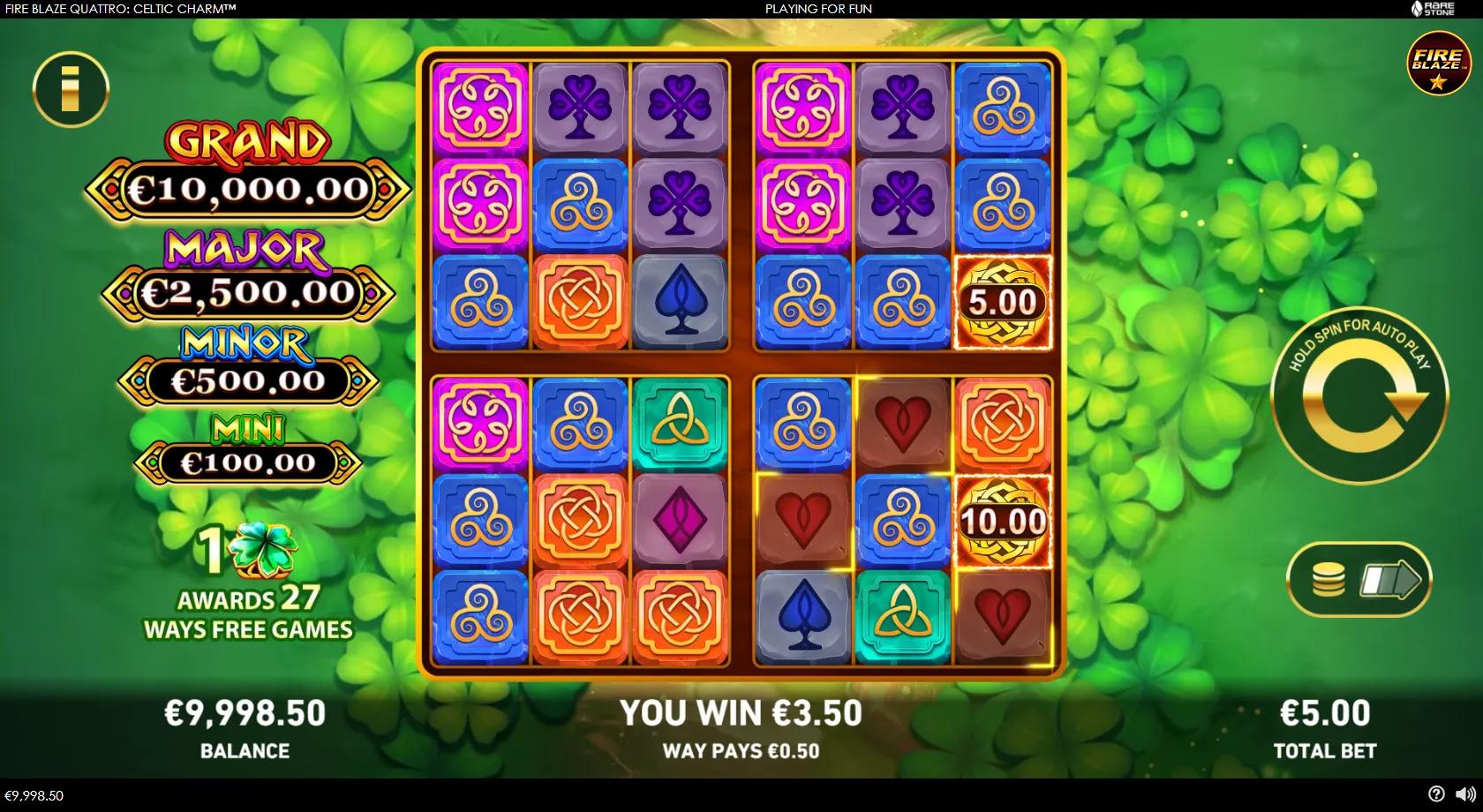 Fire Blaze Quattro: Celtic Charm gameplay showing four 3x3 Celtic reel groups with knotwork, shamrocks and gold cash coins