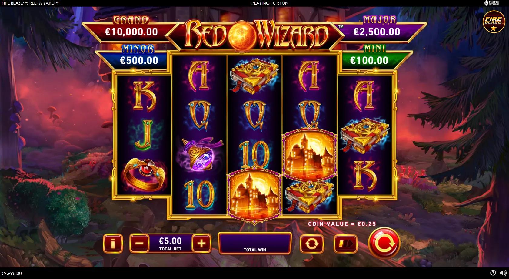 Fire Blaze Red Wizard fantasy reels with the red wizard, raven, spellbook, amulet and flaming ball cash orbs under four jackpots