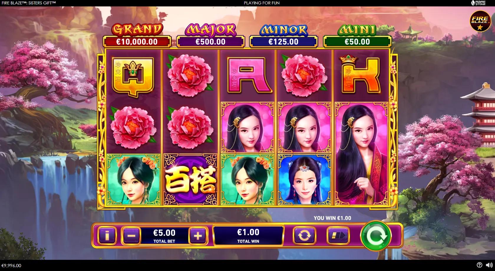 Fire Blaze Sisters Gift 5x3 ancient-China reels with four sister portraits, peony, temple and a gold wild under four jackpots