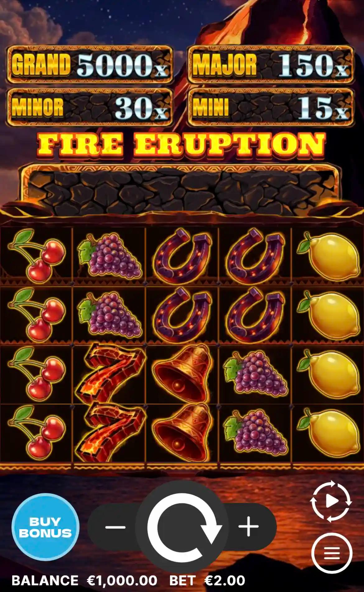 Fire Eruption slot gameplay showing 5x4 grid with lava-themed fruit symbols and Fireball collect mechanic above a volcanic chamber
