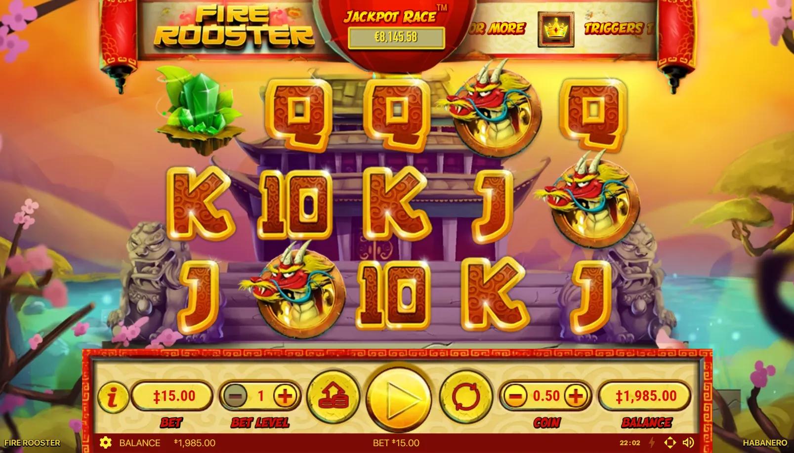 Fire Rooster slot gameplay showing 5x3 243-ways grid with Crowned Rooster Wild, dragon mask, jade crystal and purple lotus on red-and-gold Lunar New Year backdrop