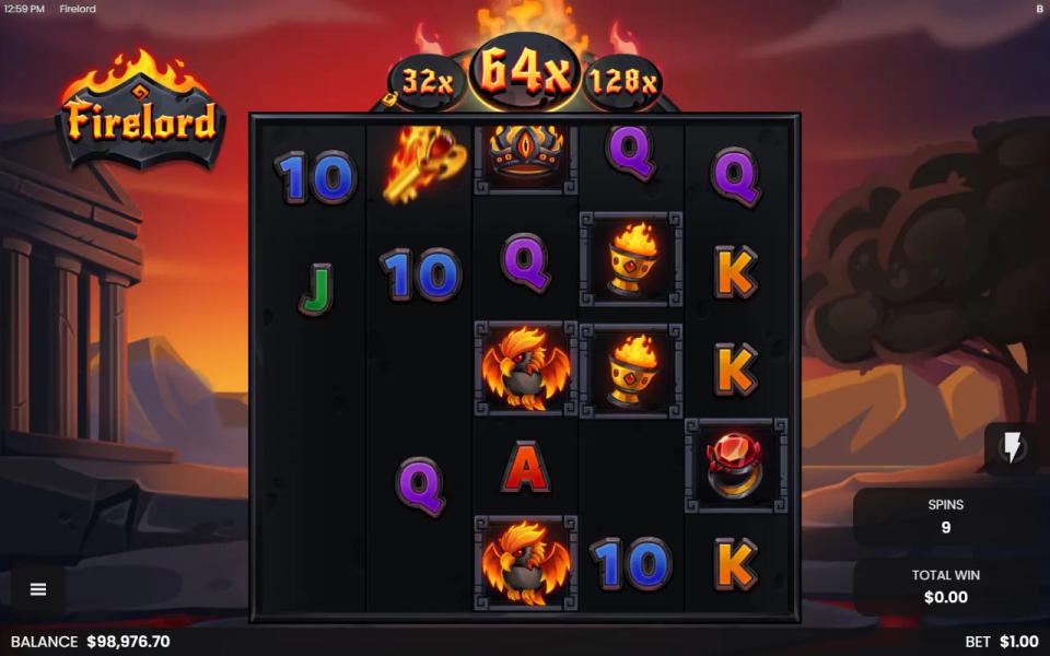 Firelord 5x5 board during a free spin, a flaming Key symbol on the first reel and the multiplier discs above the reels reading 32x, 64x and 128x