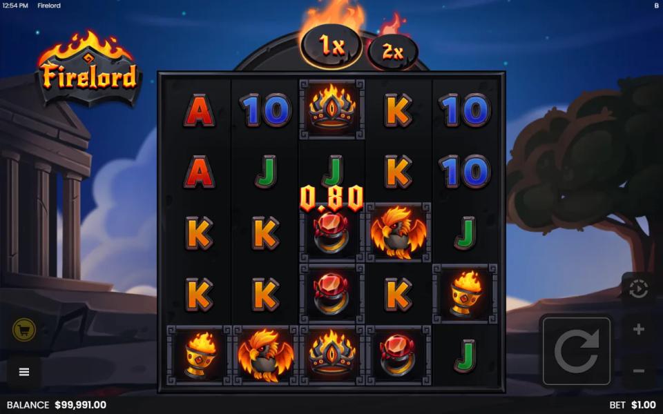 Firelord base game board with a small ways win and the multiplier strip showing 1x and the next 2x disc