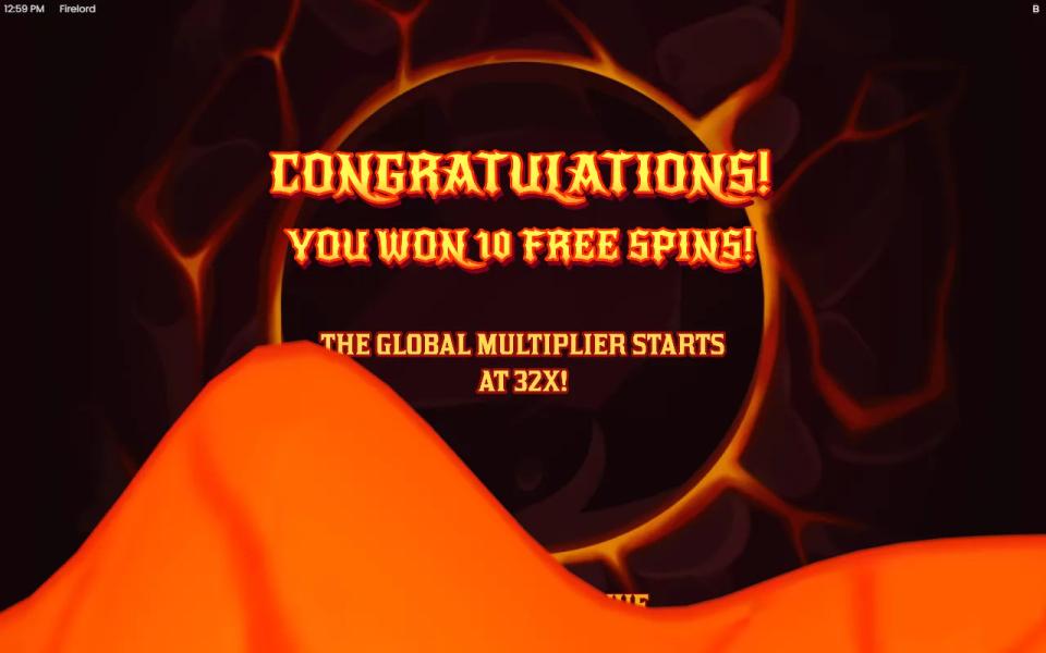 Firelord Legendary Bonus intro card announcing 10 free spins with the global multiplier starting at 32x