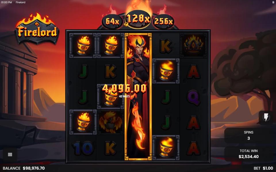 Firelord free spin with the Firelord Wild Reel filling the middle reel and a large win paid across 40 ways at 128x