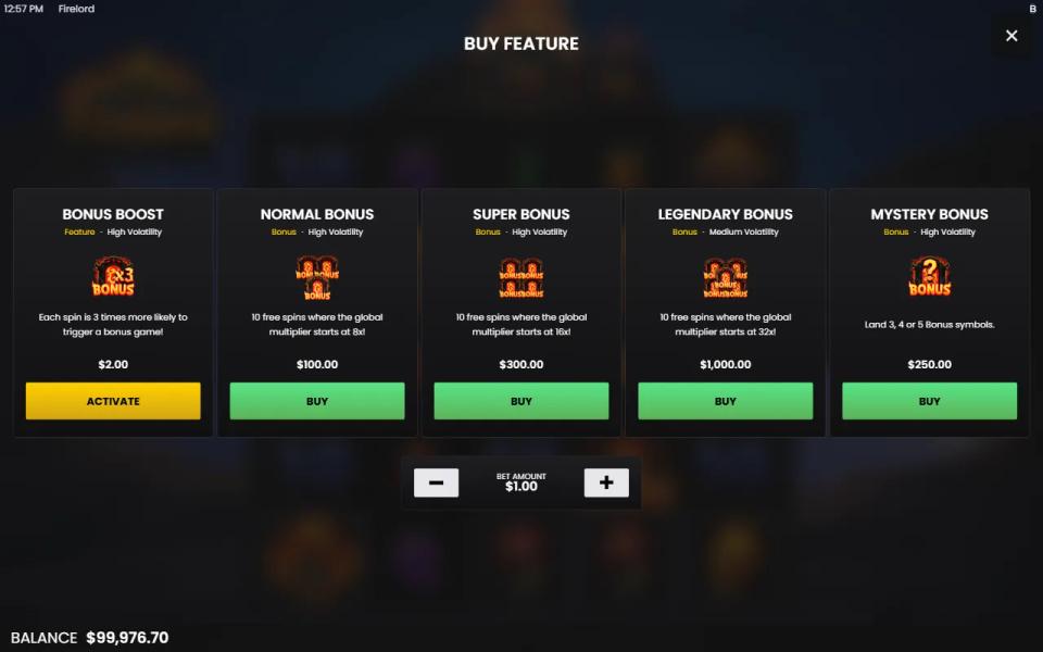 Firelord Buy Feature menu listing Bonus Boost, Normal, Super, Legendary and Mystery Bonus with their prices