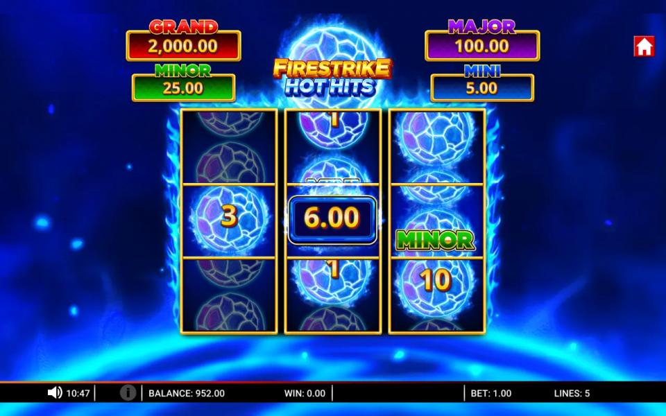 MINOR jackpot fireball spinning past the Hot Hits Bonus collector at 6.00