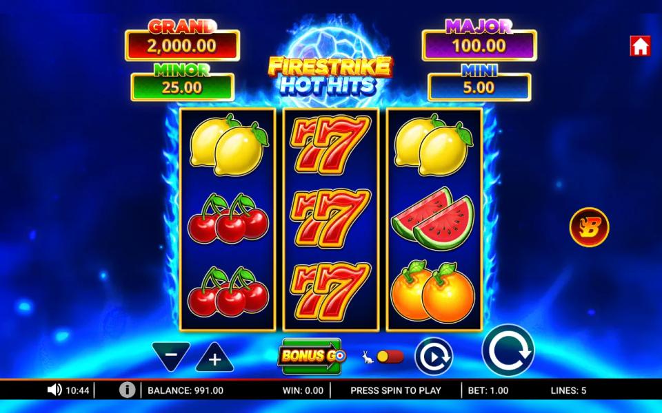 Middle reel of Firestrike Hot Hits stacked with three red sevens while the outer reels show fruit