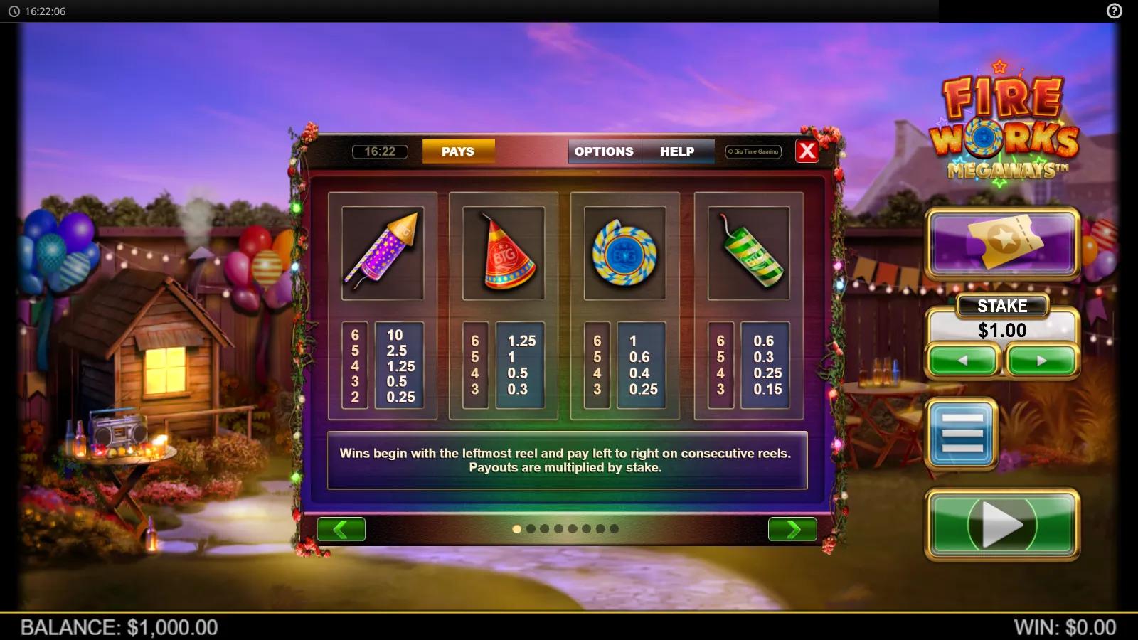 Fireworks Megaways slot PAYS screen showing firework symbol payouts over a dusk back-garden fireworks party