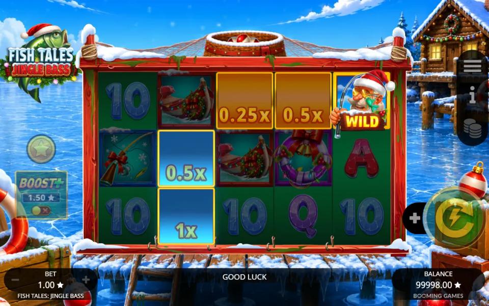Fish Tales Jingle Bass base game: a Santa-hat fisherman wild on reel 5 lighting four cash Fish worth 0.25x to 1x on a snowy 5x3 board