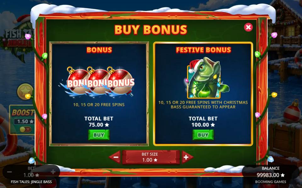 The Buy Bonus menu offering the Bonus at 75x the bet and the Festive Bonus at 100x the bet