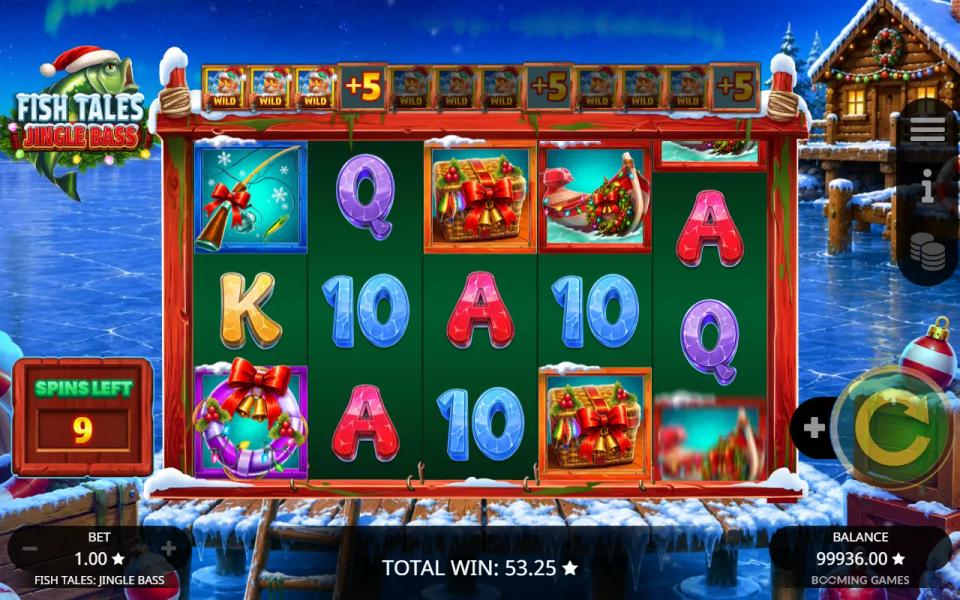 Free spins with nine spins left and the first +5 step of the wild bar lit after three wilds