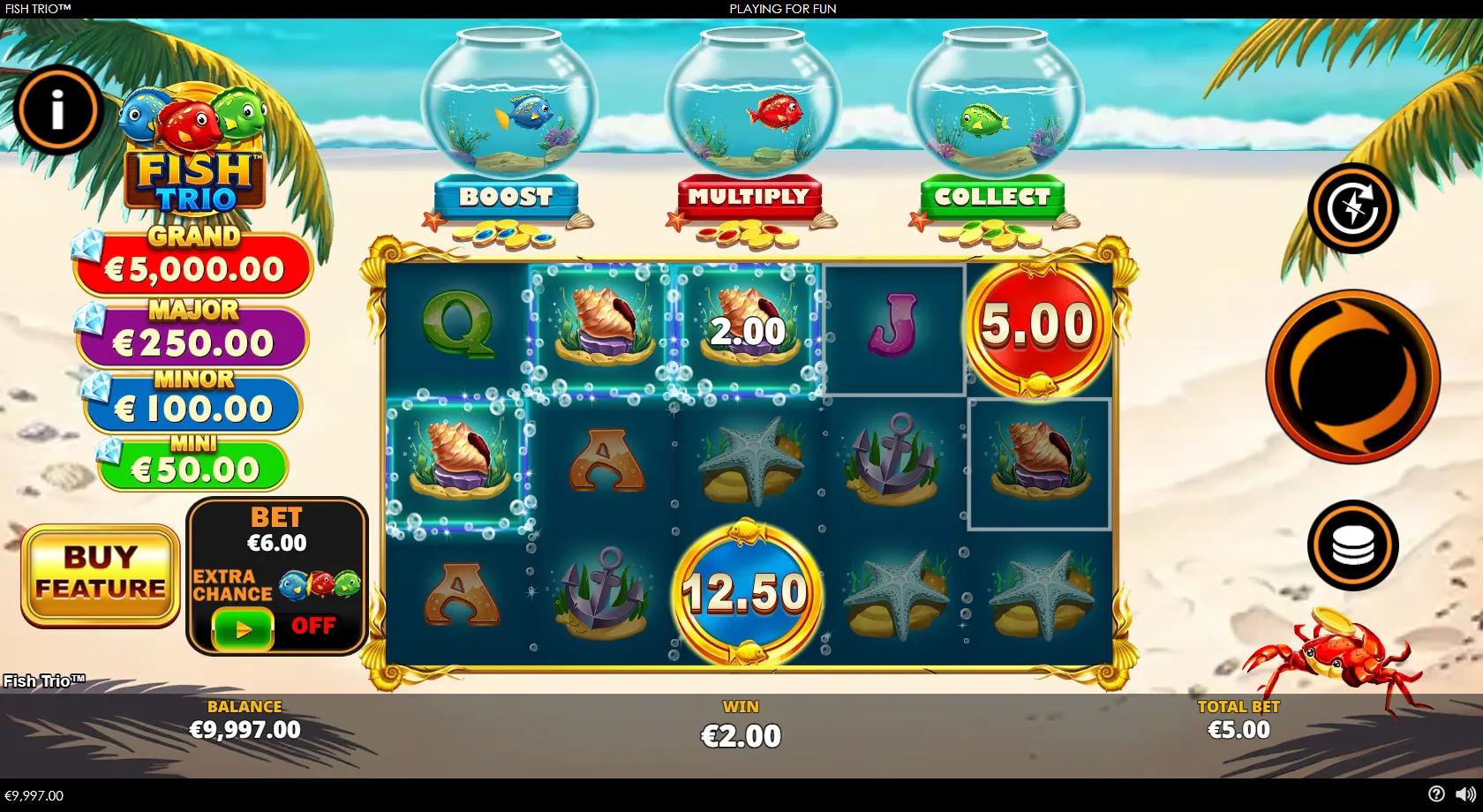 Fish Trio slot gameplay showing 5x4 underwater grid with cash coins and Boost, Multiply, Collect fish bowls