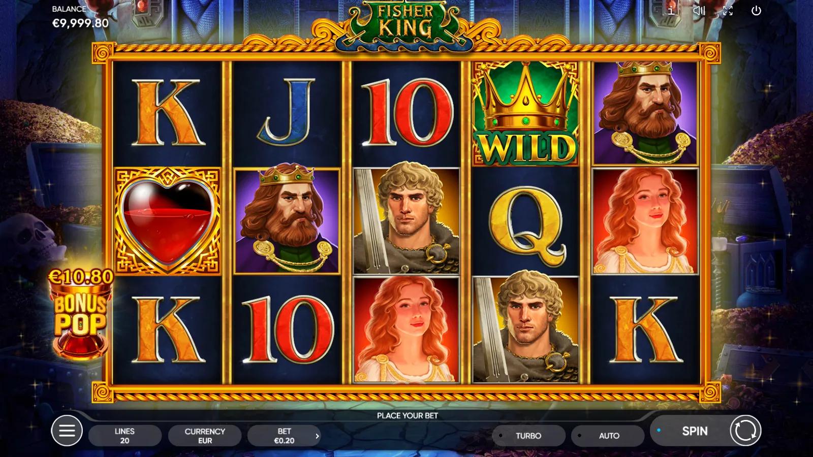 Fisher King slot gameplay showing 5x3 reels with the crowned Fisher King, a maiden and jewelled card royals in a castle hall
