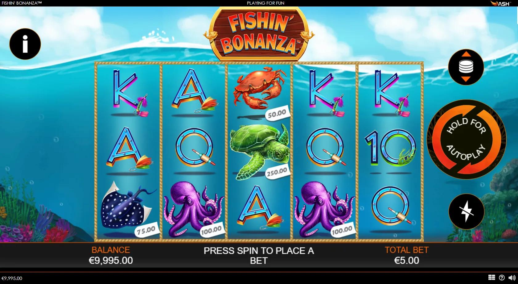 Fishin' Bonanza 5x3 underwater reels with cash-value turtle, octopus, ray, crab and fish symbols and a goldfish scatter