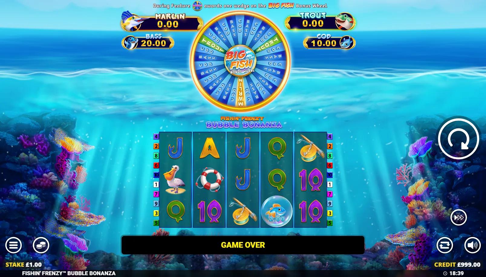 Fishin' Frenzy Bubble Bonanza slot showing 5x3 underwater grid with bubble fish symbols and Fortune Play button