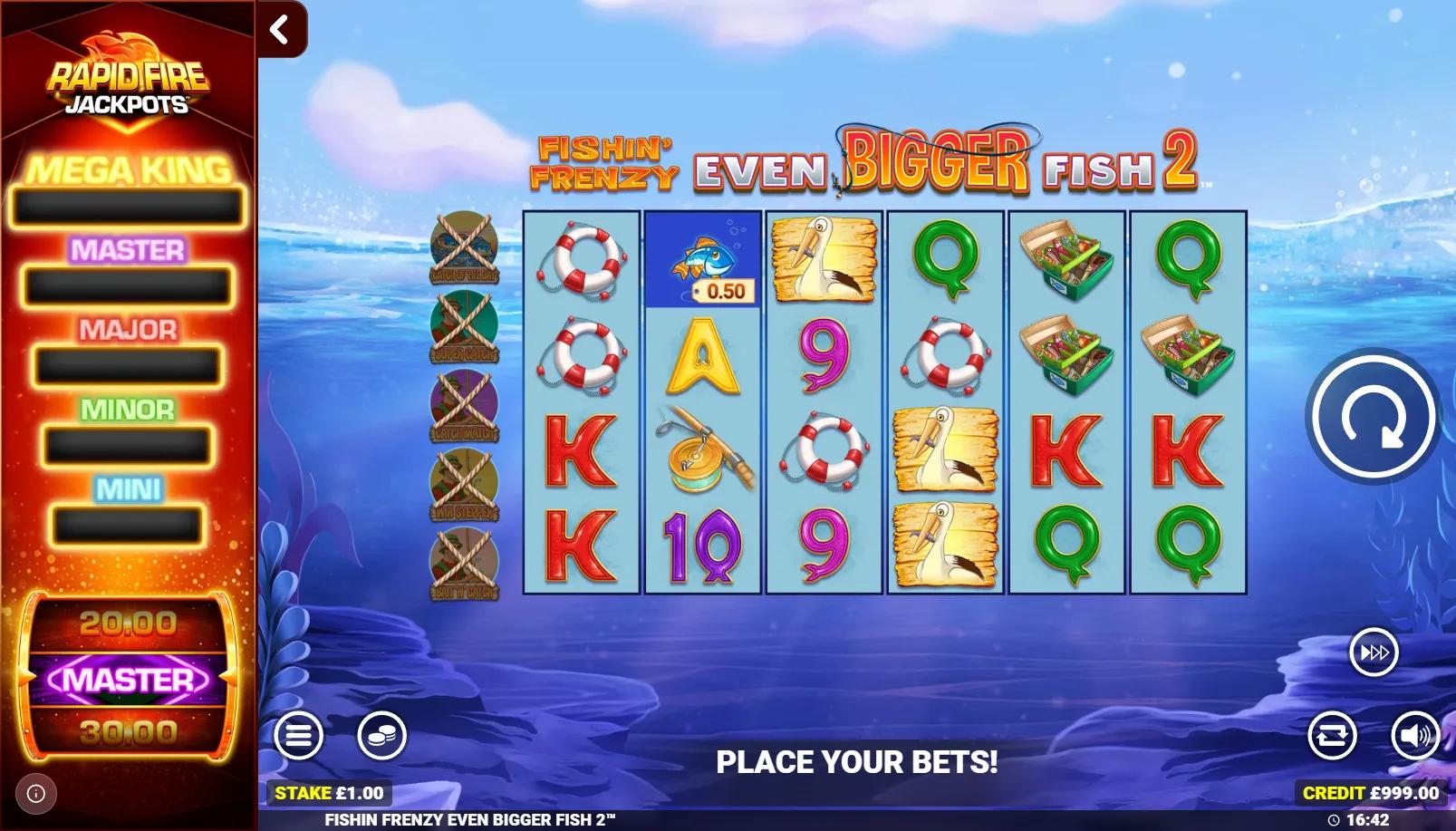 Fishin' Frenzy Even Bigger Fish 2 slot showing 6x4 bothways grid with fishing symbols and Rapid Fire jackpot panel