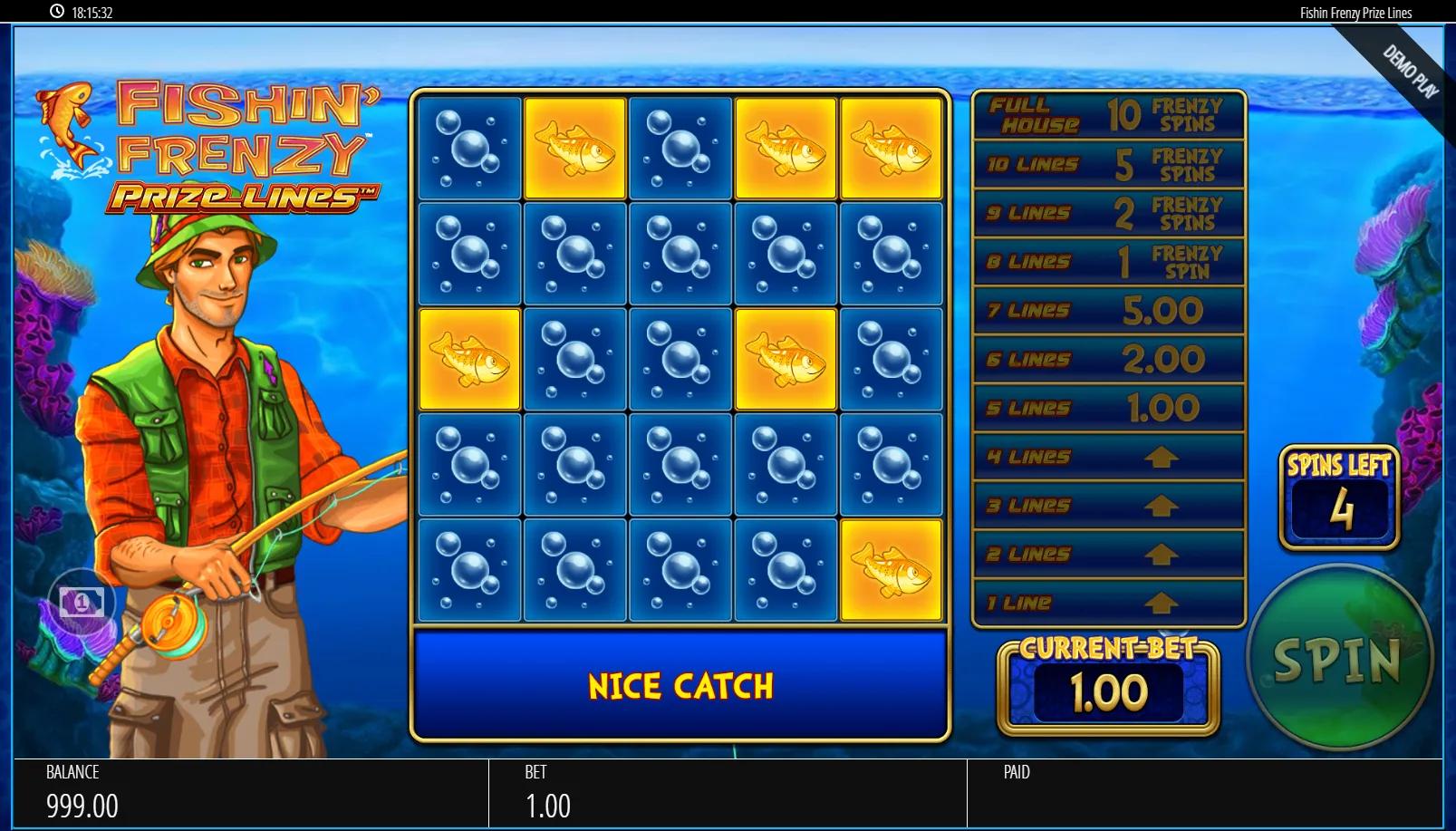 Fishin' Frenzy Prize Lines slot showing 5x5 grid with bubble cells, golden fish symbols and Prize Ladder on the right