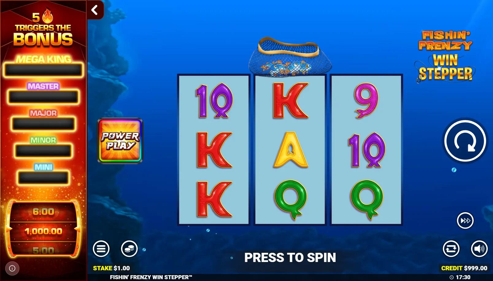 Fishin' Frenzy Win Stepper RFJ slot showing 3x3 grid with fisherman Collect on reel 2 and Rapid Fire jackpot panel