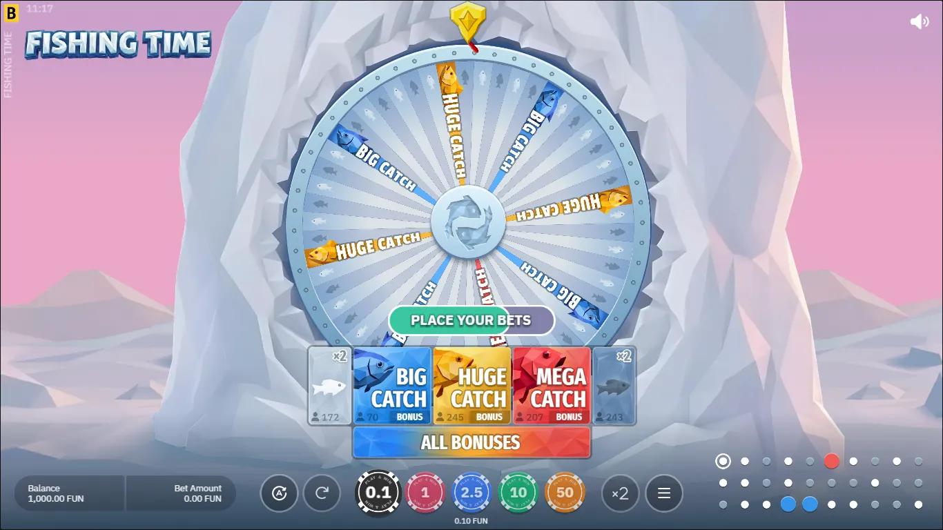 Fishing Time by BGaming wheel game showing 54-sector wheel with Big, Huge and Mega Catch bonus tiles