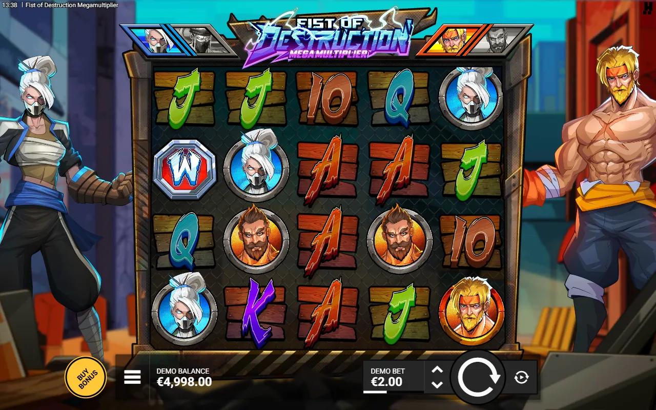 Fist of Destruction Megamultiplier slot 5x4 grid with a red Wild octagon and stacked fighter medallions