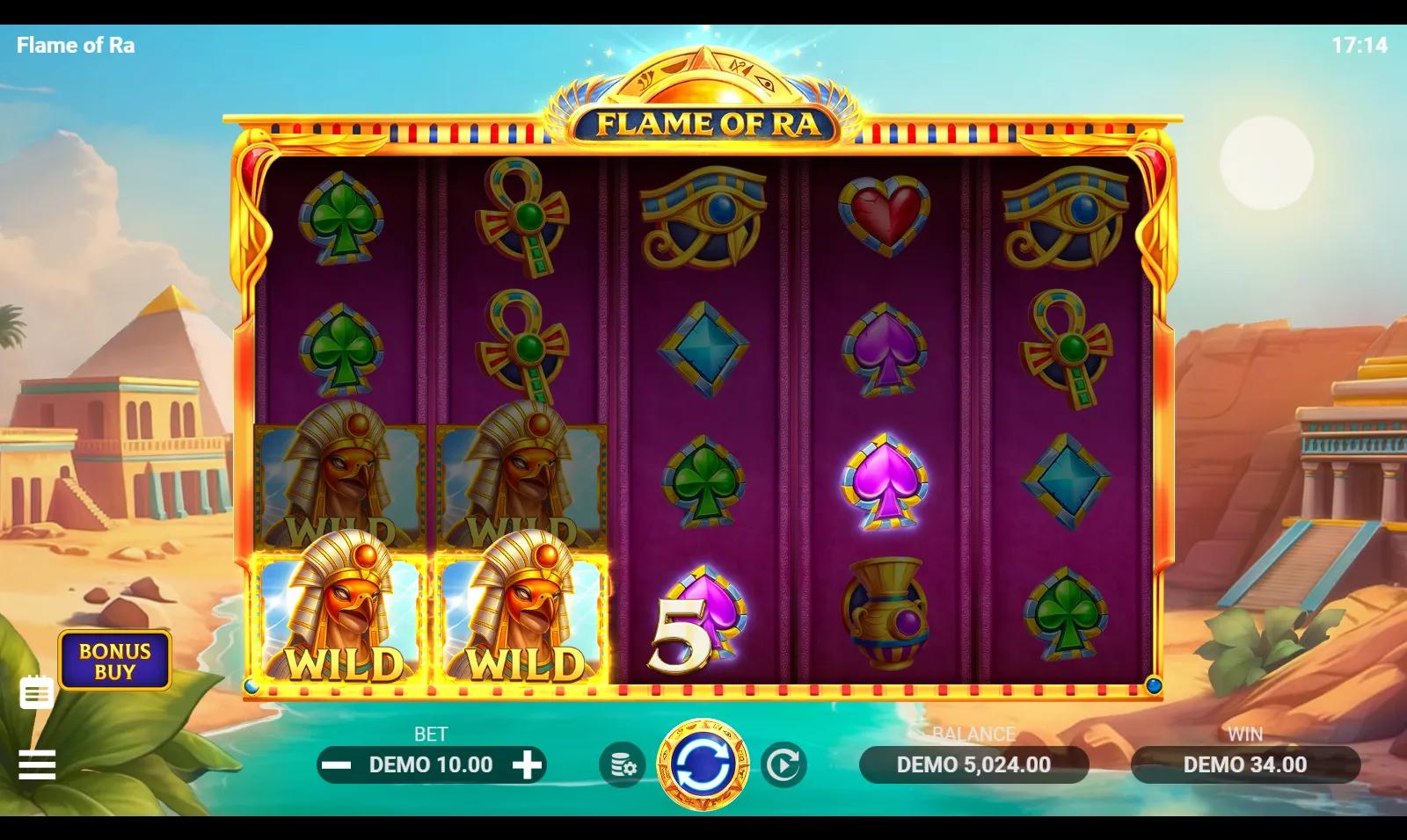 Flame of Ra slot gameplay showing the 5x4 grid with stacked Ra Wilds and the Free Spins scatter