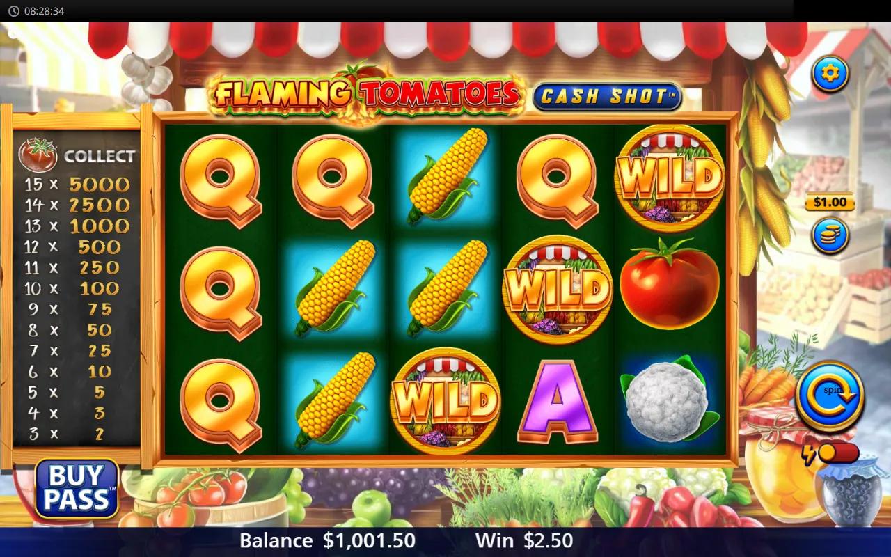 Flaming Tomatoes Cash Shot slot by Light & Wonder showing 5x3 reels with vegetable symbols under a red striped awning