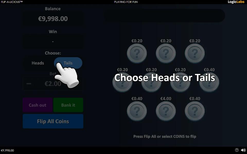 A ten-coin Flip-a-Licious board with a cash value printed above each coin and a heads or tails choice waiting