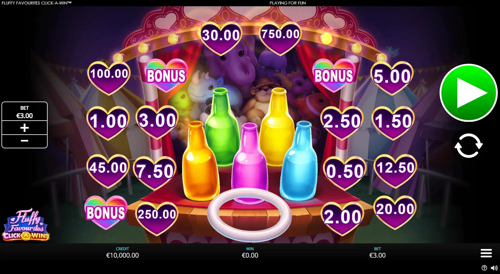 Fluffy Favourites Click-A-Win gameplay showing a fairground ring-toss ringed by 18 heart cash prizes and Bonus hearts