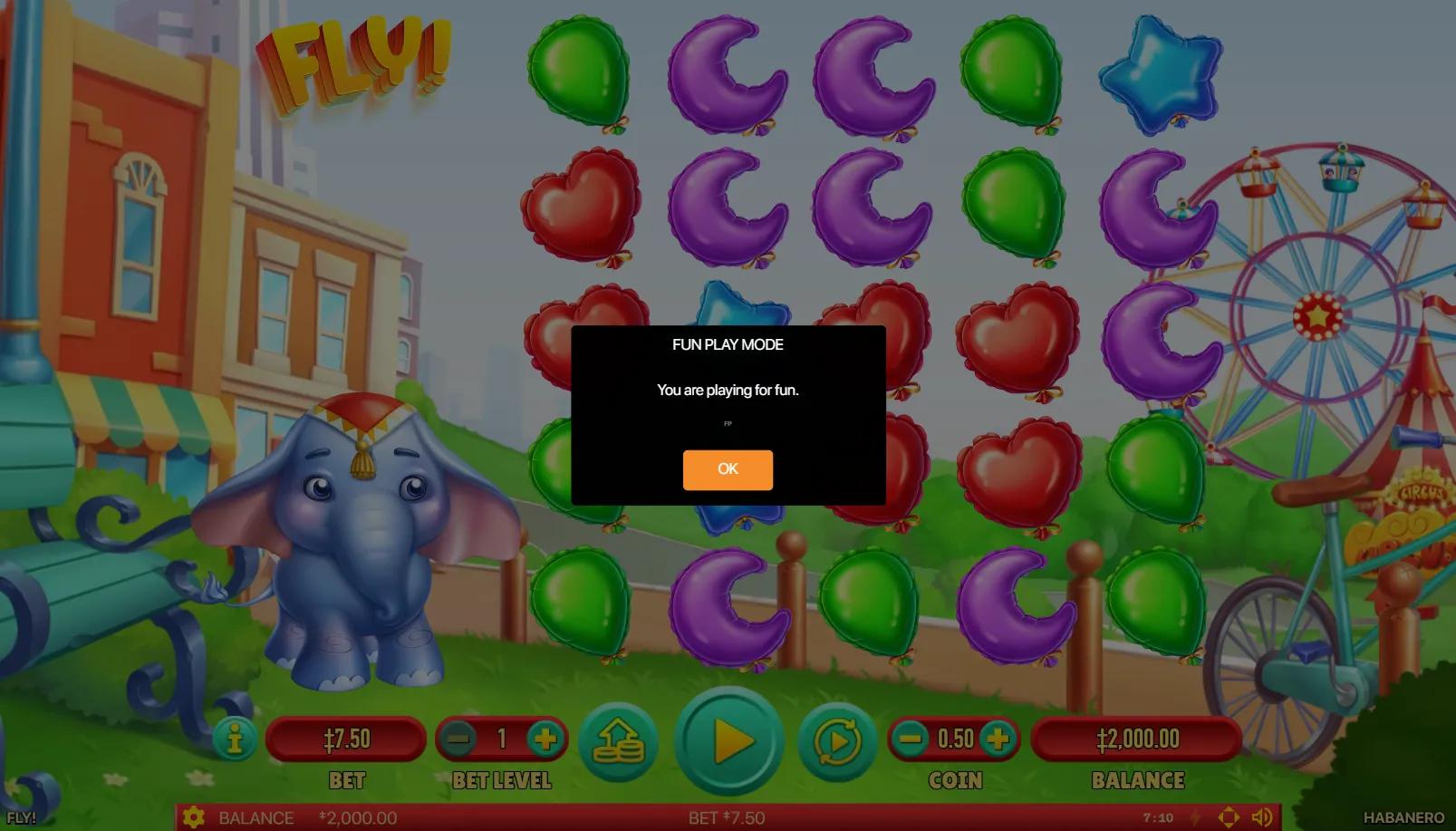 Fly! slot gameplay showing 5x5 grid with red, purple, green and blue shape-coded balloons on a cartoon circus backdrop