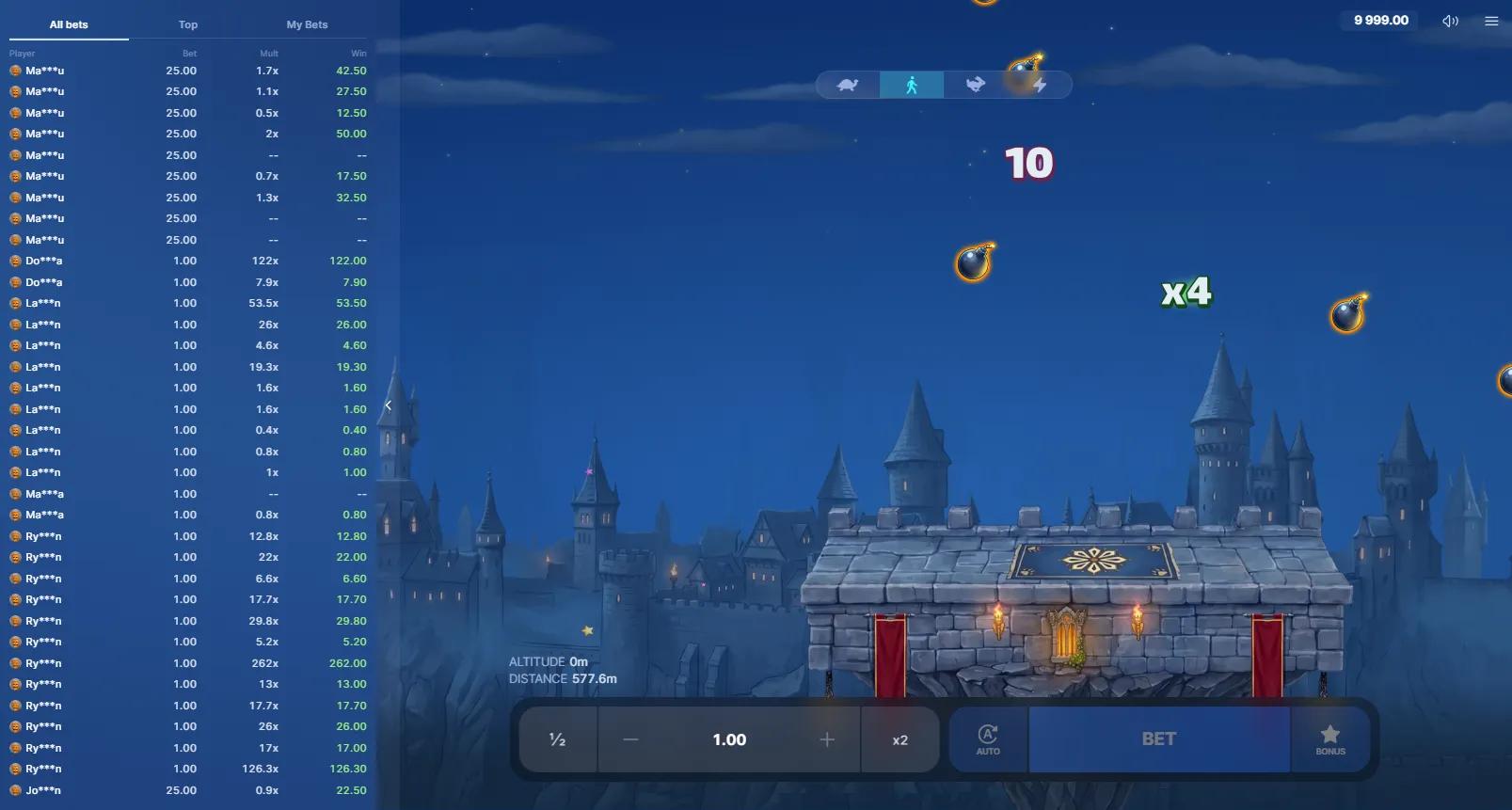 Fly High crash game showing the witch on a broomstick collecting an x4 multiplier while dodging bombs over a gothic castle