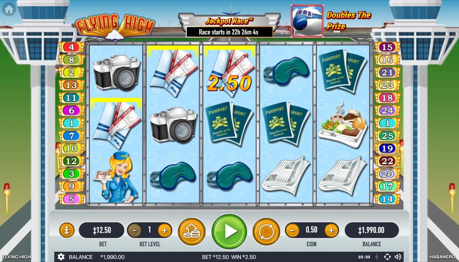 Flying High slot gameplay showing 5x3 grid with Plane Wilds and travel-themed symbols on airport runway backdrop