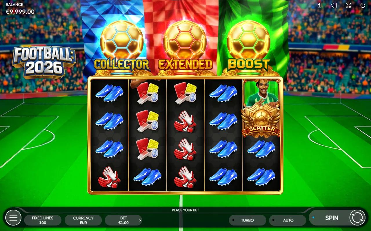 Football 2026 slot gameplay showing the 5x4 stadium grid with football boots, gloves and the golden trophy Scatter