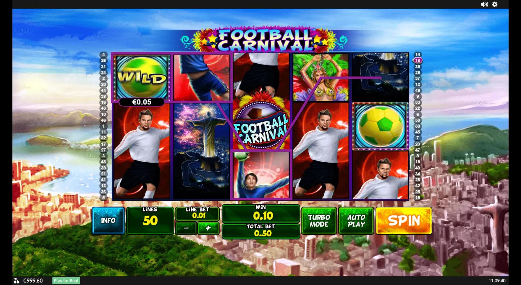 Football Carnival slot gameplay showing 5x3 grid with green WILD ball and Football Carnival scatter on 50 paylines