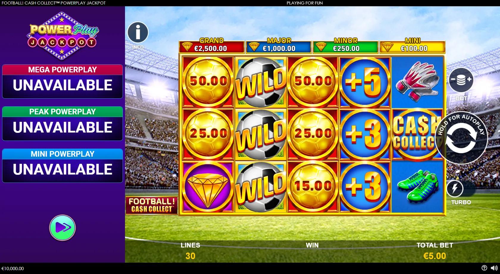 Football! Cash Collect PowerPlay Jackpot gameplay showing a 5x3 reel grid of golden football cash coins and kit symbols on a floodlit green stadium pitch, with jackpot level tickers above the reels