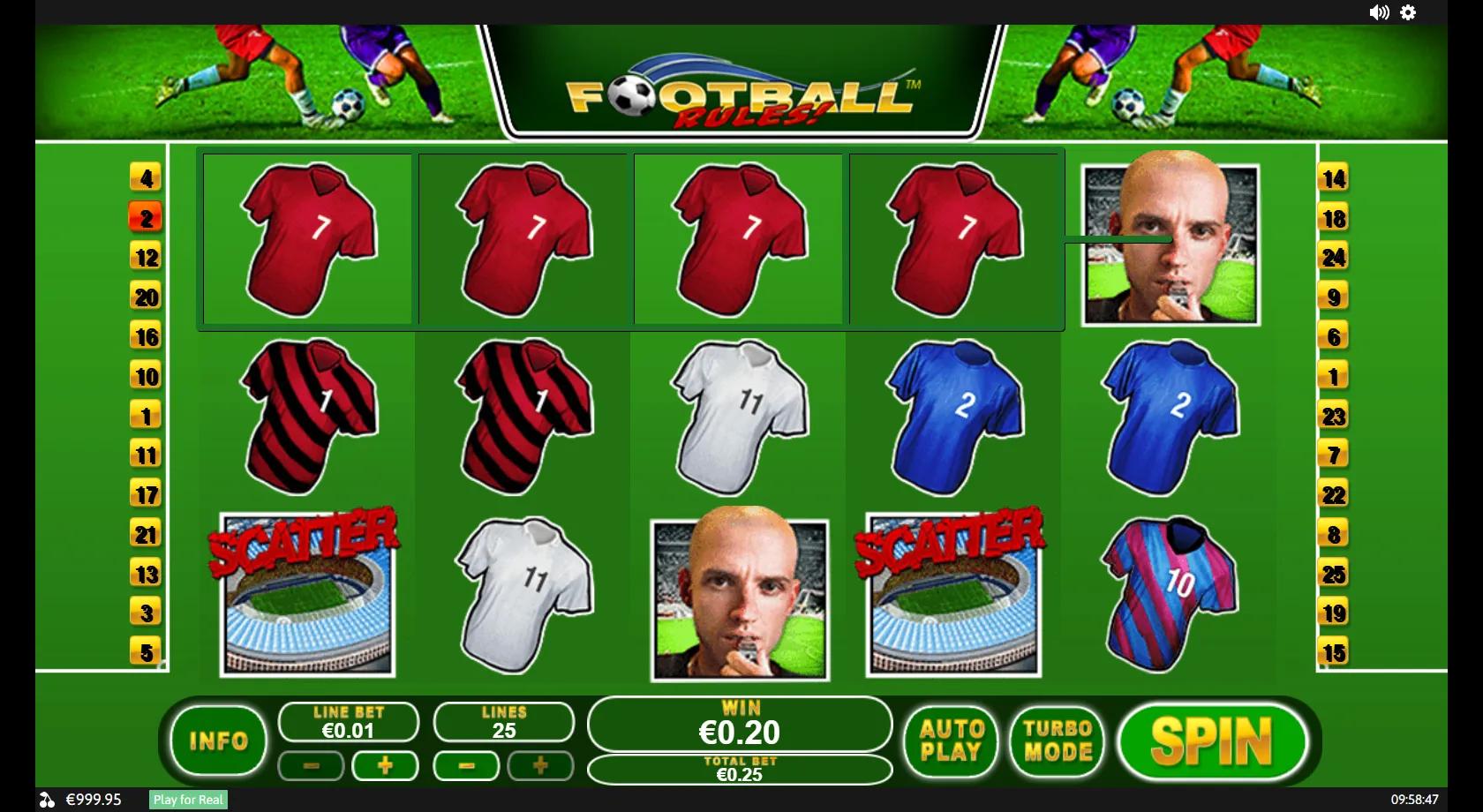 Football Rules 5x3 green-pitch reels with a soccer ball wild, goalkeeper, referee and numbered shirt symbols