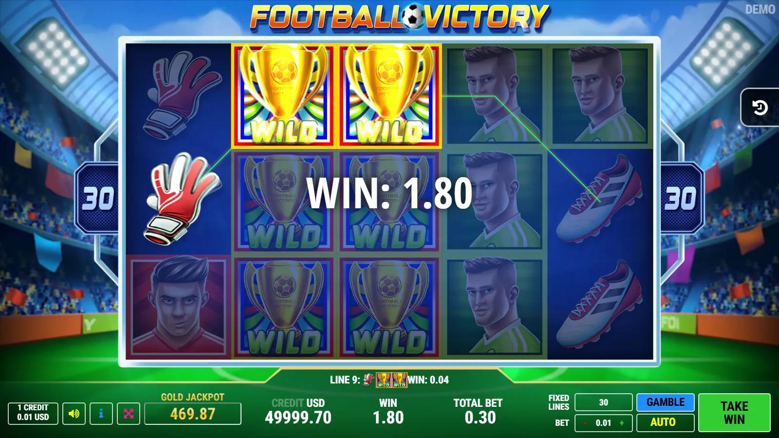 Football Victory slot gameplay showing 5x3 football grid with trophy WILD, golden-football BONUS, players and 30 paylines