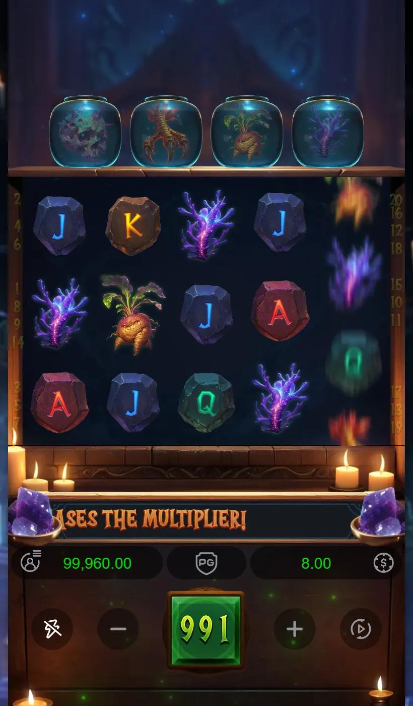 Forbidden Alchemy grid of card-rank gemstones with no line paying and all four jars dim