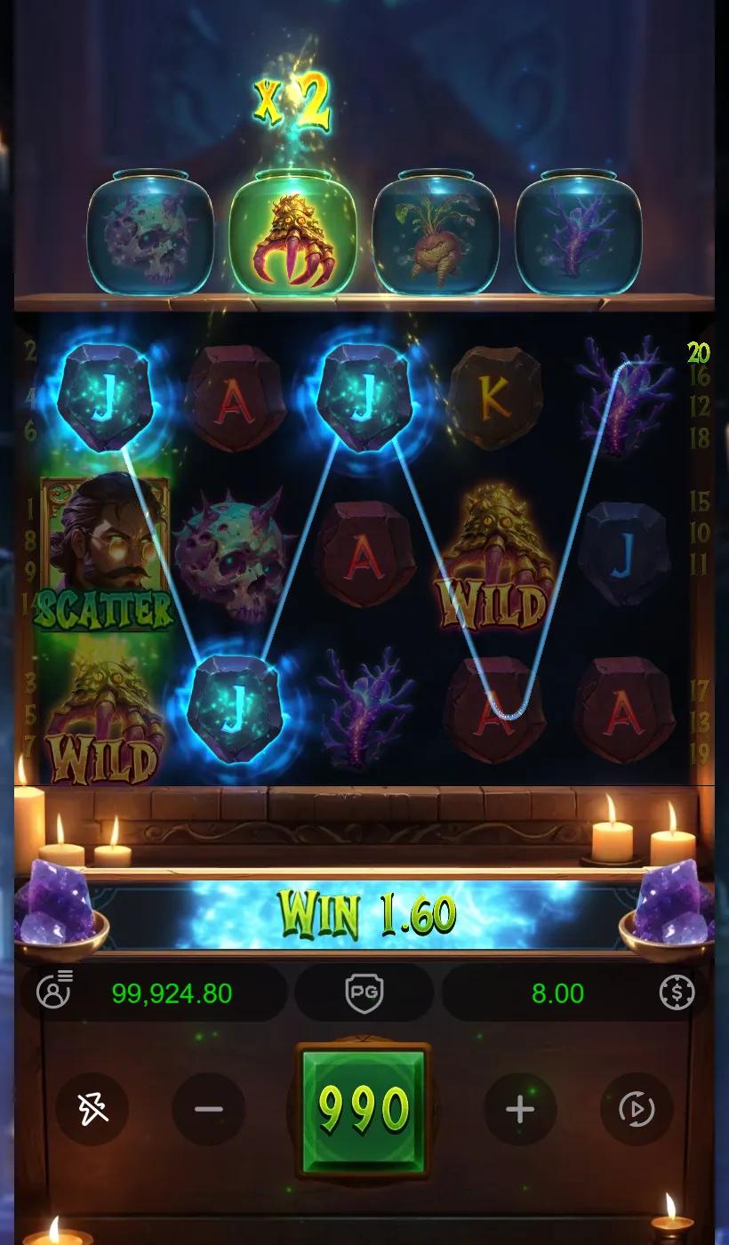 Forbidden Alchemy jar showing an x2 multiplier while a paying line runs across the transformed board
