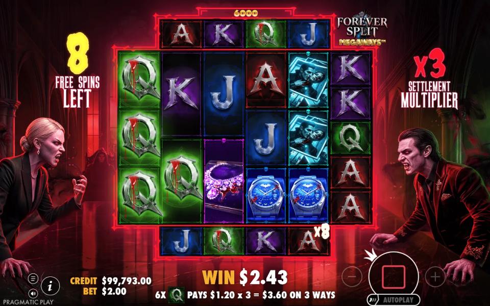 A win multiplied by the x3 Settlement Multiplier during Forever Split Megaways free spins, multiplier total displayed beside the reels