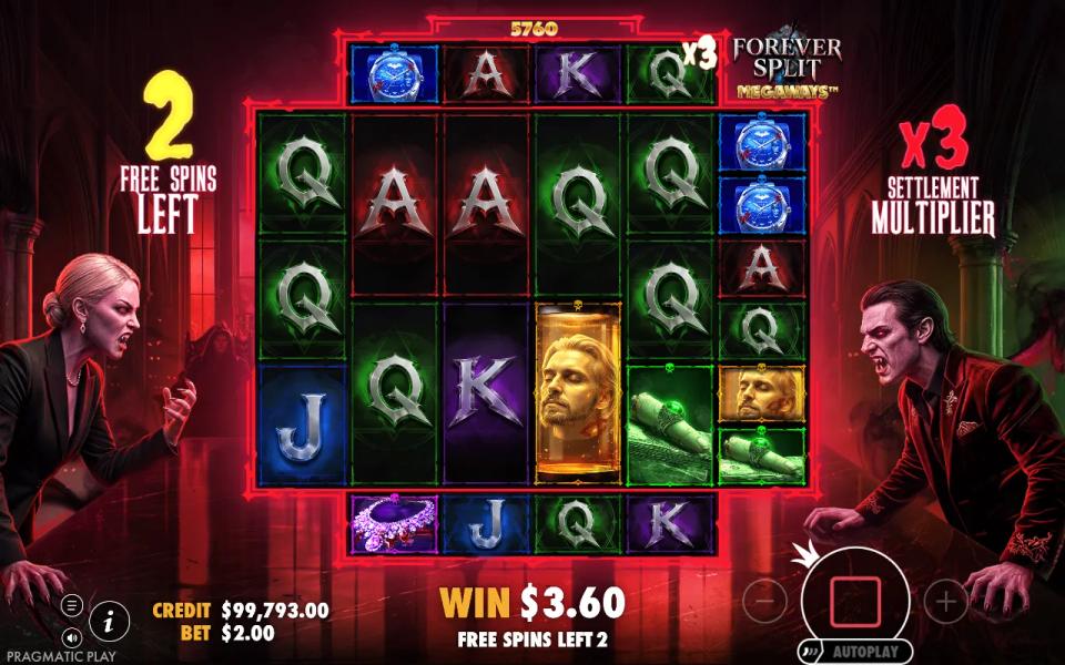Persistent x3 Settlement Multiplier held with two free spins remaining in Forever Split Megaways