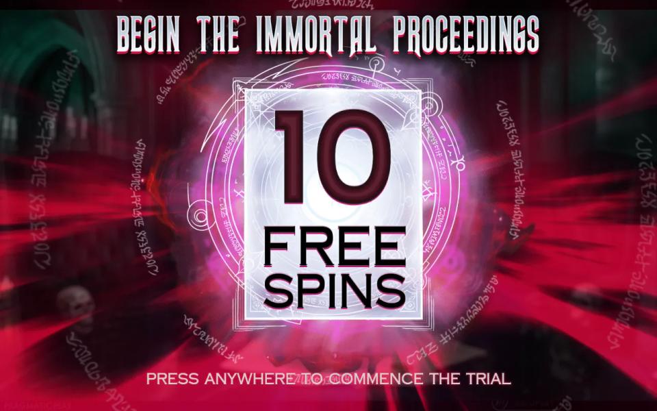 Forever Split Megaways free spins intro card announcing ten free spins as the start of an immortal court proceeding