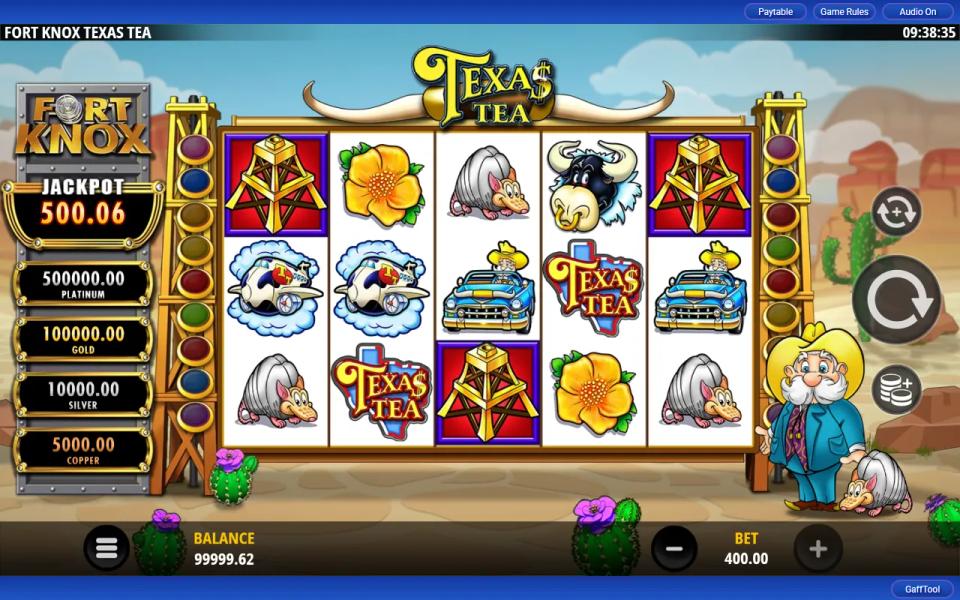 Fort Knox Texas Tea prize rail at a four hundred stake showing platinum 500000, gold 100000, silver 10000 and copper 5000 while the jackpot stays at 500.06