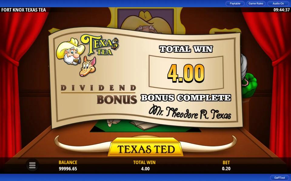 Fort Knox Texas Tea Oil Dividend Bonus cheque filled in with a total win of 4.00 and marked bonus complete