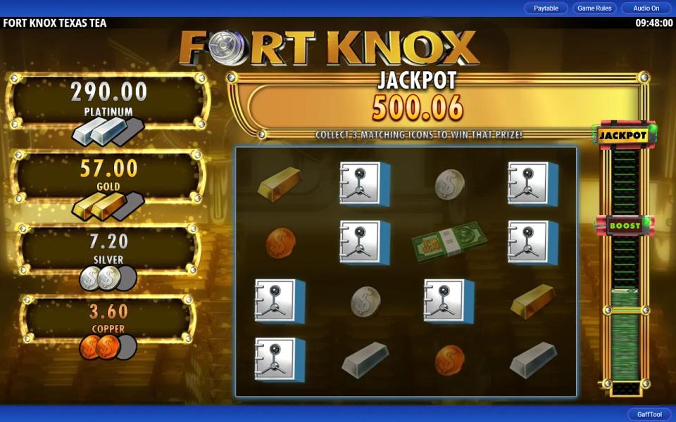 Fort Knox Texas Tea bonus pick screen with a grid of safe doors, the four prize tiers on the left raised to 290, 57, 7.20 and 3.60, and the boost meter on the right
