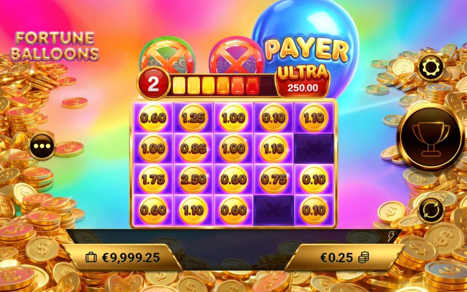 Fortune Balloons Pin Win grid filled to eighteen of twenty cells with the Ultra Jackpot counter reading 2