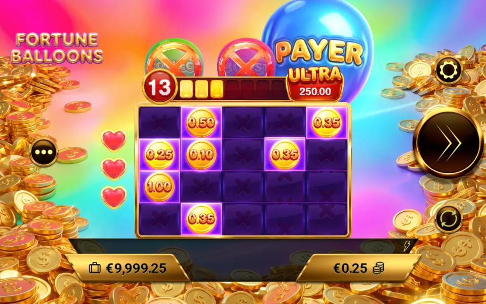 Fortune Balloons Pin Win bonus with the Payer balloon active and the Collect and Boost balloons crossed out overhead