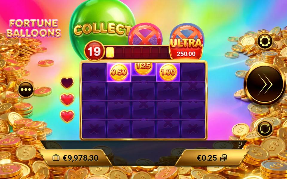Fortune Balloons Pin Win grid almost entirely empty with nineteen cells to fill and three attempt hearts remaining
