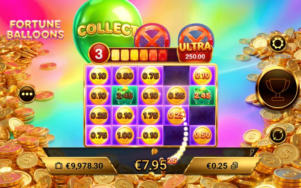 Fortune Balloons Pin Win grid with Collect symbols gathering the values printed on the pinned coins