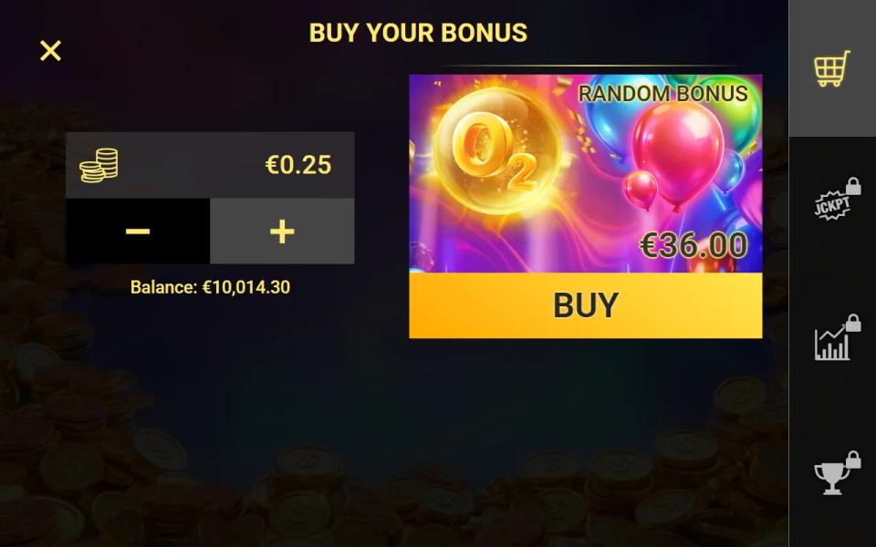 Fortune Balloons buy bonus panel offering a single product called Random Bonus for 36 euro at a 0.25 euro stake